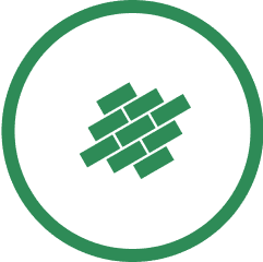 Green brick pattern logo inside a white circle on a green background.