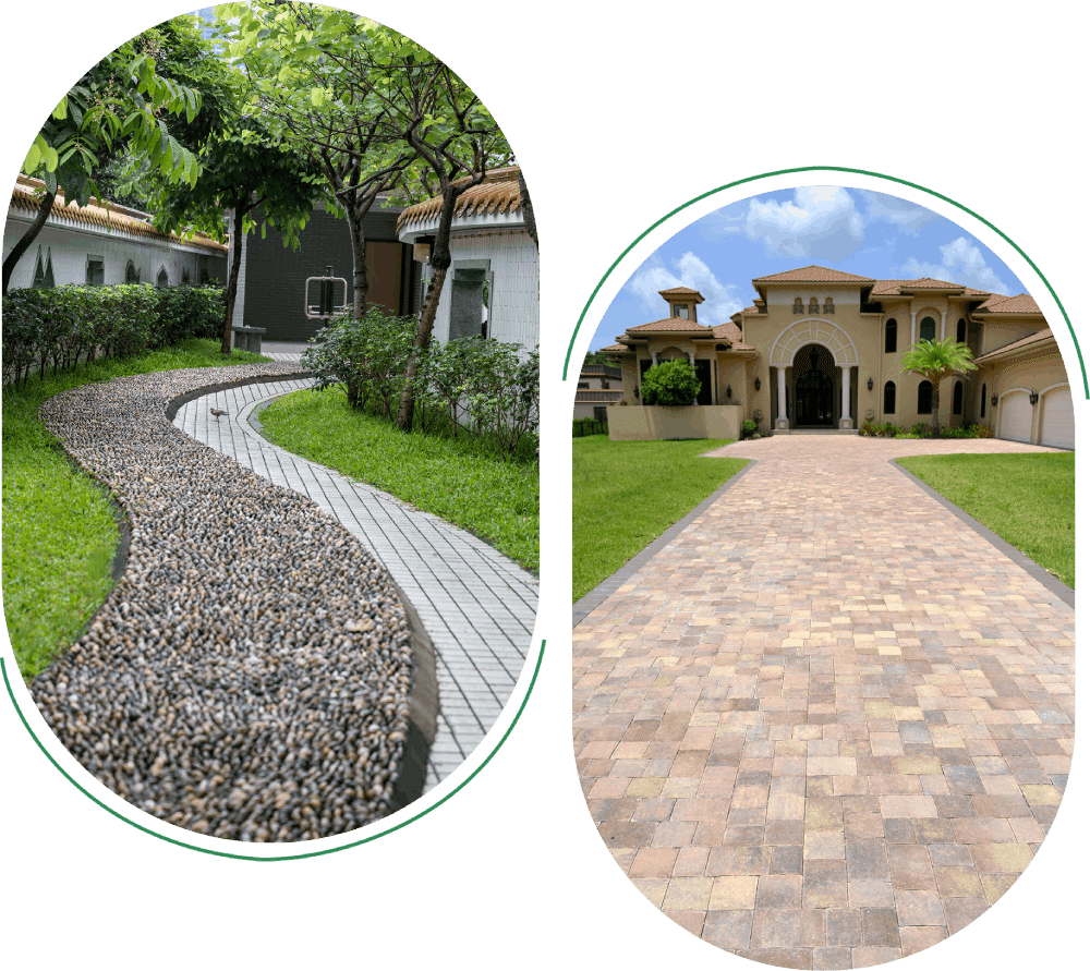 Two contrasting driveway designs: one with gravel and paving stones, the other with smooth brick pavers.